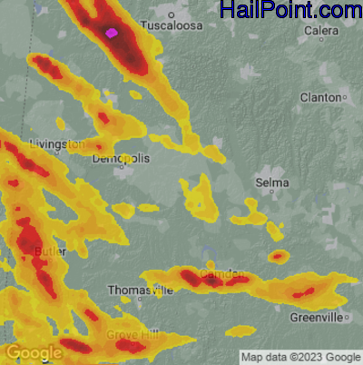 Hail Map for Uniontown, AL Region on June 16, 2023