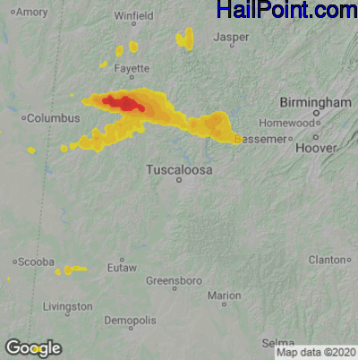Hail Map for Tuscaloosa, AL Region on June 19, 2023