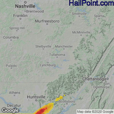 Hail Map for Tullahoma, TN Region on June 19, 2023