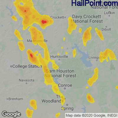 Hail Map for Huntsville, TX Region on June 21, 2023