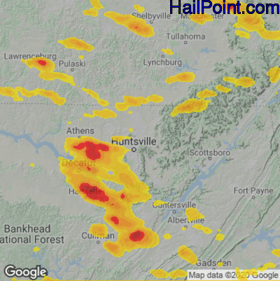 Hail Map for Huntsville, AL Region on June 25, 2023