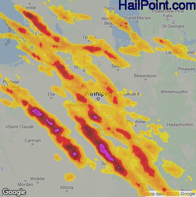 Hail Map for Winnapeg, Can Region on July 25, 2023