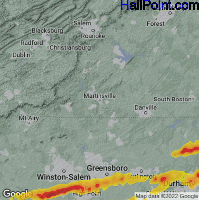 Hail Map for Martinsville, VA Region on August 15, 2023