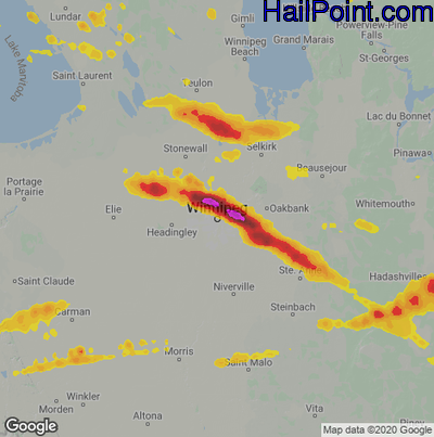 Hail Map for Winnapeg, Can Region on August 24, 2023