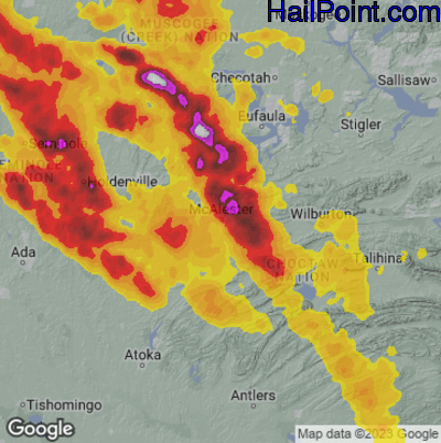 Hail Map for Mcallster, OK Region on September 23, 2023 