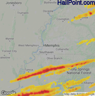 Hail Map for Memphis, TN Region on December 9, 2023