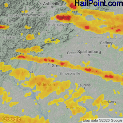 Hail Map for Greenville, SC Region on May 8, 2024