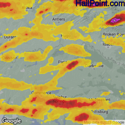 Hail Map for Paris, TX Region on May 22, 2024