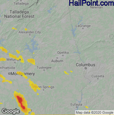 Hail Map for Auburn, AL Region on May 25, 2024
