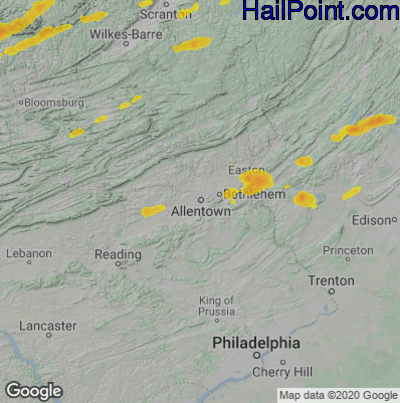 Hail Map for Allentown, PA Region on June 22, 2024