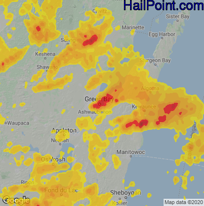 Hail Map for Green Bay, WI Region on June 25, 2024
