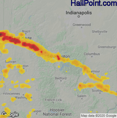 Hail Map for Bloomington, IN Region on June 25, 2024