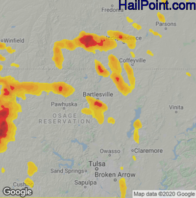 Hail Map for Bartlesville, OK Region on June 25, 2024