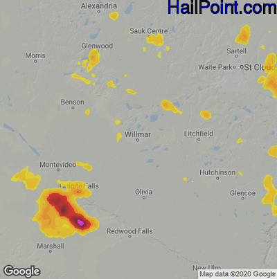 Hail Map for Willmar, MN Region on July 13, 2024