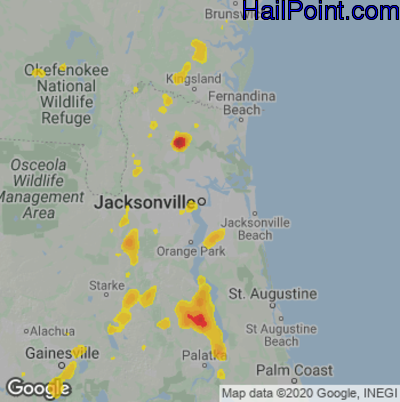 Hail Map for Jacksonville, FL Region on July 19, 2024
