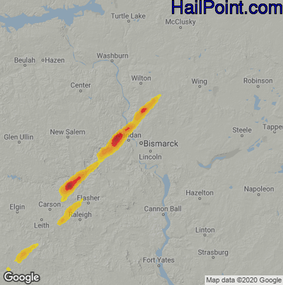 Hail Map for Bismark, ND Region on July 28, 2024