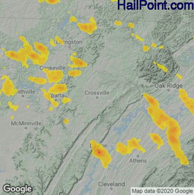 Hail Map for Crossville, TN Region on July 30, 2024