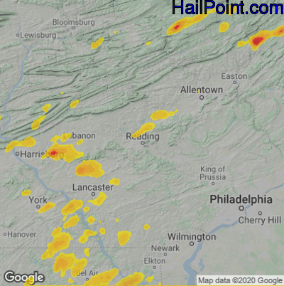Hail Map for Reading, PA Region on August 3, 2024