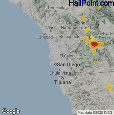 Hail Map for San Diego, CA Region on August 11, 2024