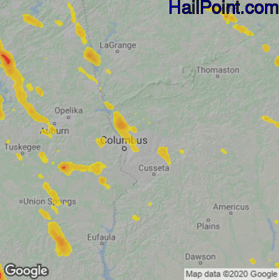 Hail Map for Columbus, GA Region on August 18, 2024