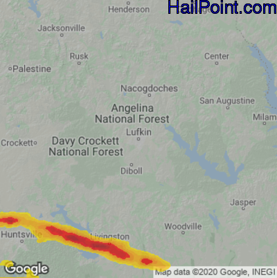 Hail Map for Lufkin, TX Region on March 8, 2025