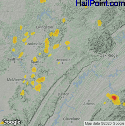 Hail Map for Crossville, TN Region on March 13, 2025