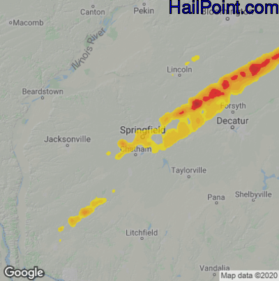 Hail Map for Springfield, IL Region on April 2, 2025