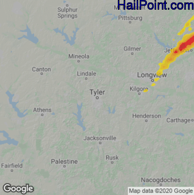 Hail Map for Tyler, TX Region on April 2, 2025 