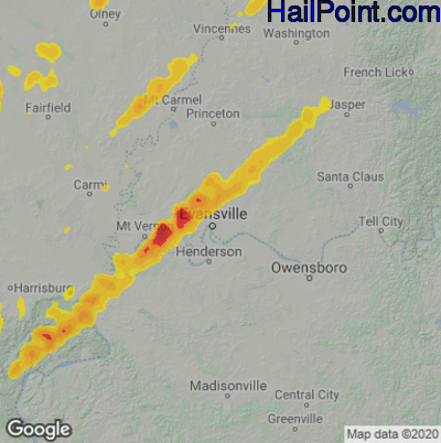 Hail Map for Evansville, IN Region on April 3, 2025
