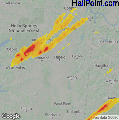 Hail Map for Tupelo, MS Region on April 5, 2025 