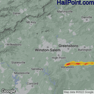 Hail Map for Winston-Salem, NC Region on April 22, 2025