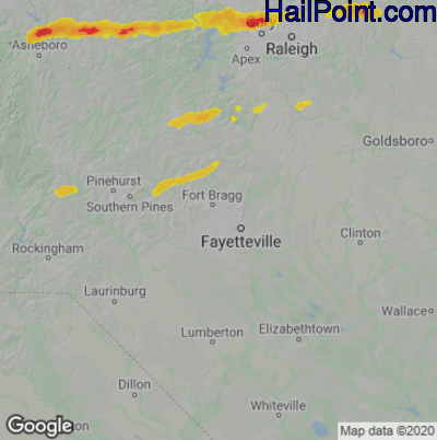 Hail Map for Fayetteville, NC Region on April 22, 2025