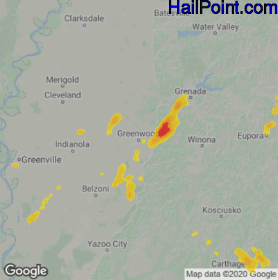 Hail Map for Greenwood, MS Region on April 22, 2025