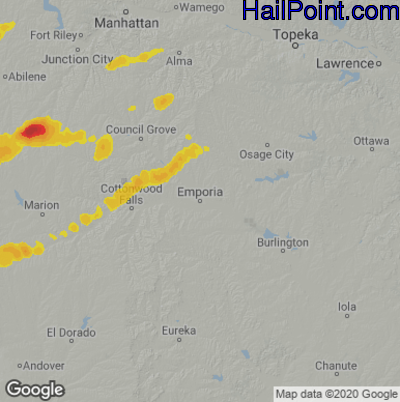 Hail Map for Emporia, KS Region on April 23, 2025