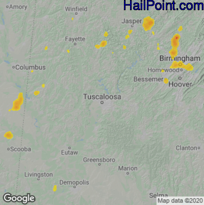 Hail Map for Tuscaloosa, AL Region on April 23, 2025