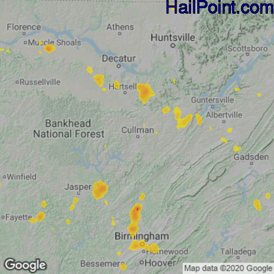 Hail Map for Cullman, AL Region on April 23, 2025