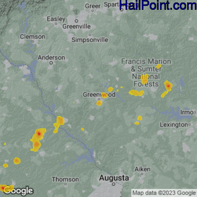 Hail Map for Greenwood, SC Region on April 23, 2025