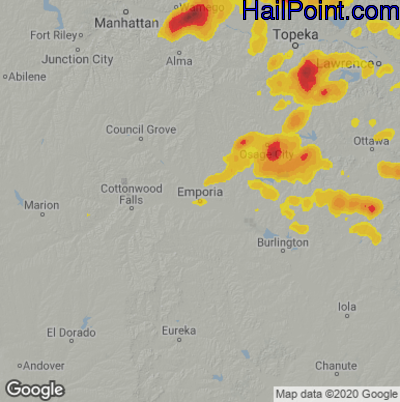 Hail Map for Emporia, KS Region on April 23, 2025 
