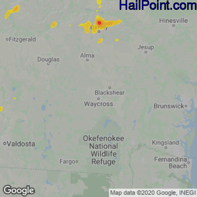 Hail Map for Waycross, GA Region on April 23, 2025