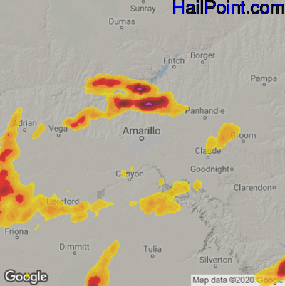 Hail Map for Amarillo, TX Region on April 25, 2025