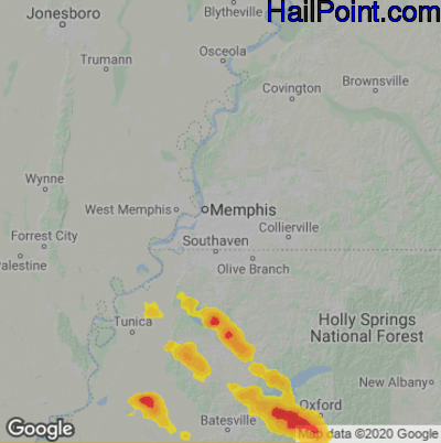 Hail Map for Memphis, TN Region on April 27, 2025 