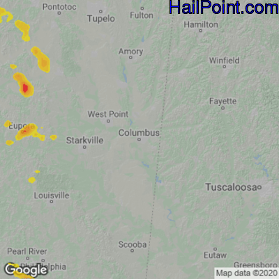 Hail Map for Columbus, MS Region on April 27, 2025