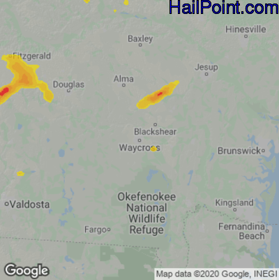 Hail Map for Waycross, GA Region on April 27, 2025