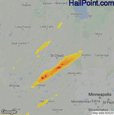 Hail Map for St Cloud, MN Region on April 28, 2025