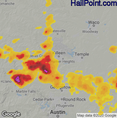 Hail Map for Killeen, TX Region on May 1, 2025 