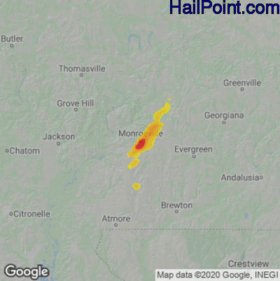 Hail Map for Monroeville, AL Region on May 1, 2025