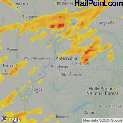 Hail Map for Memphis, TN Region on May 2, 2025