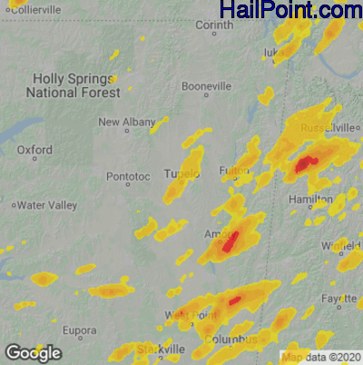 Hail Map for Tupelo, MS Region on May 2, 2025
