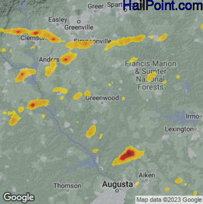 Hail Map for Greenwood, SC Region on May 2, 2025