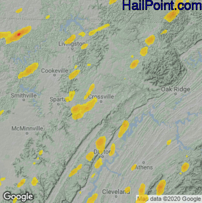 Hail Map for Crossville, TN Region on May 2, 2025
